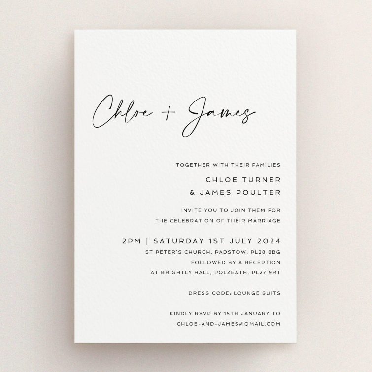 "Hanover Elegance wedding invitation featuring contemporary chic with clean white background and classic black text, showcasing elegant script for couple's names and modern sans-serif font for event details, embodying sophistication and refined grace.". This is a view of the front