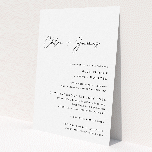 'Hanover Elegance wedding invitation featuring contemporary chic with clean white background and classic black text, showcasing elegant script for couple's names and modern sans-serif font for event details, embodying sophistication and refined grace.'. This is a view of the front