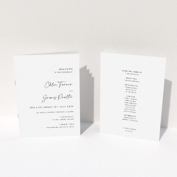 Classic Hanover Elegance Wedding Order of Service Booklet with Modern Monochrome Design. This image shows the front and back sides together