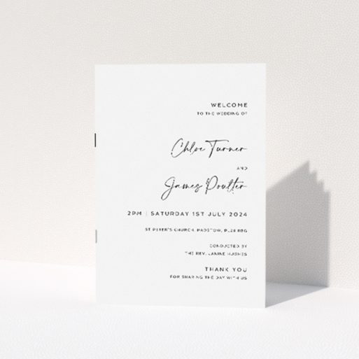 Classic Hanover Elegance Wedding Order of Service Booklet with Modern Monochrome Design. This is a view of the front