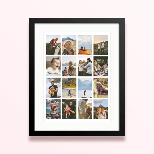 Framed and mounted photo print featuring 12 family and nature photos