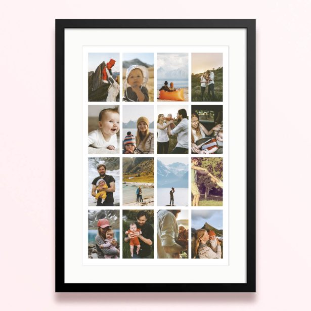 Framed and mounted photo print featuring 12 family and nature photos