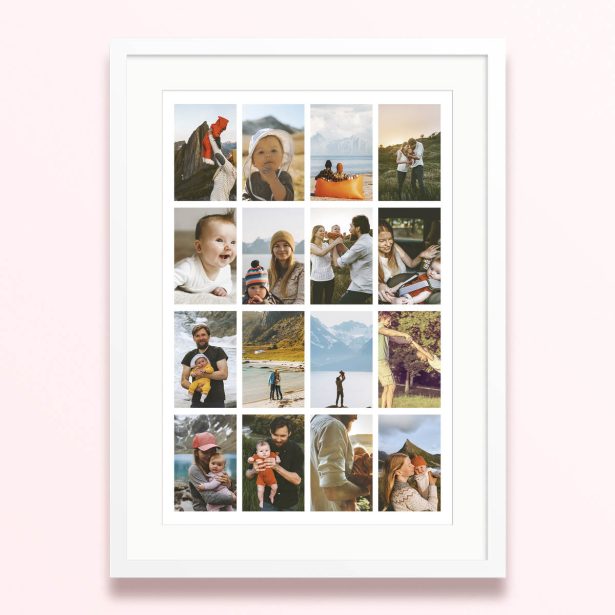 Framed and mounted photo print featuring 12 family and nature photos
