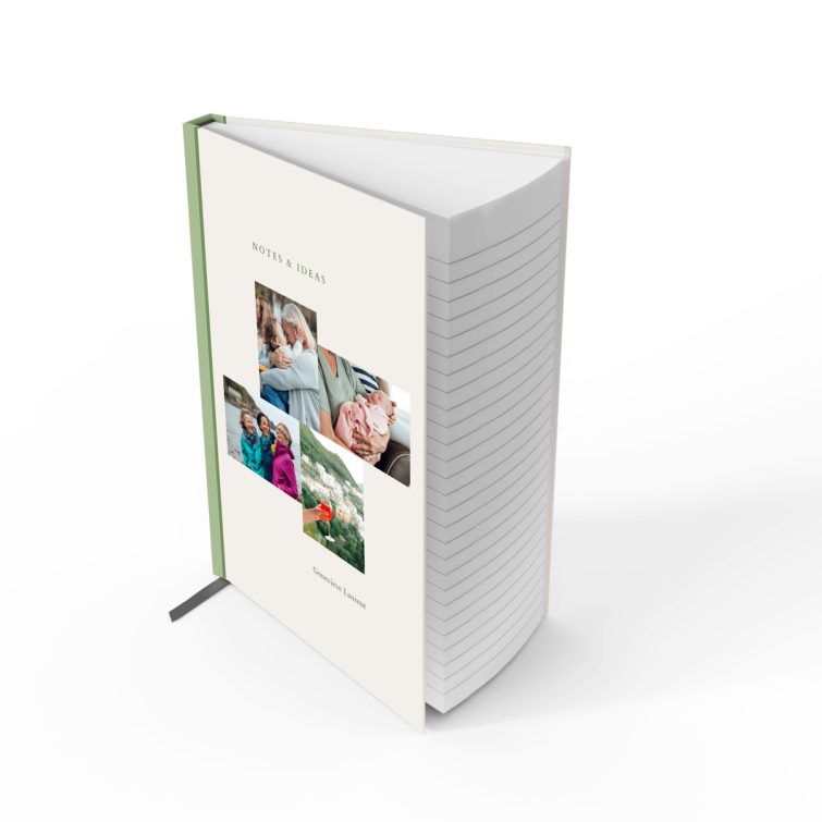 Portrait orientation personalised notebook design with green accents and four photos on the front cover by Utterly Printable.