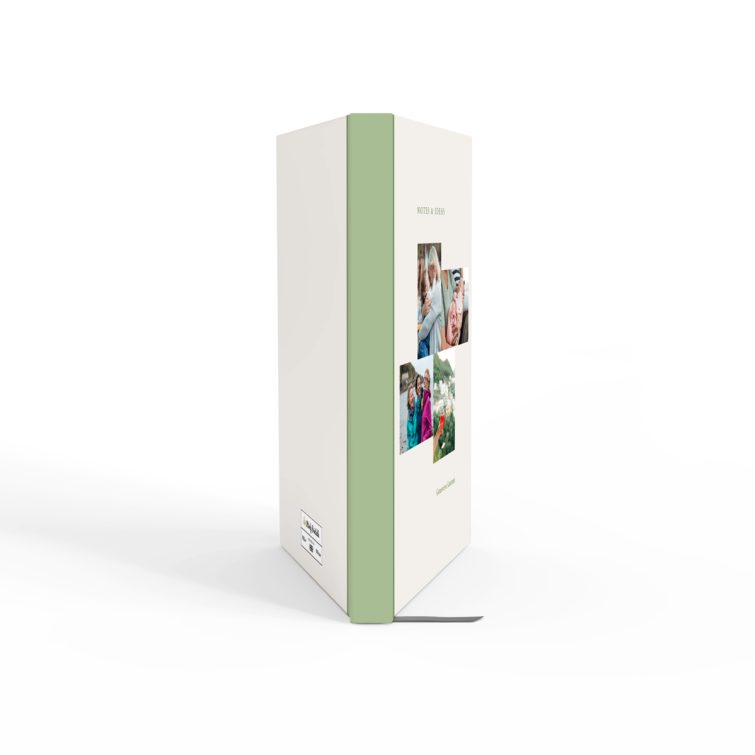 Portrait orientation personalised notebook design with green accents and four photos on the front cover by Utterly Printable.