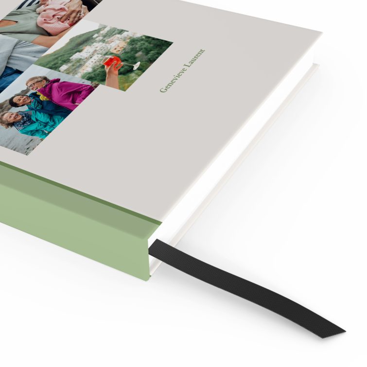 Portrait orientation personalised notebook design with green accents and four photos on the front cover by Utterly Printable.