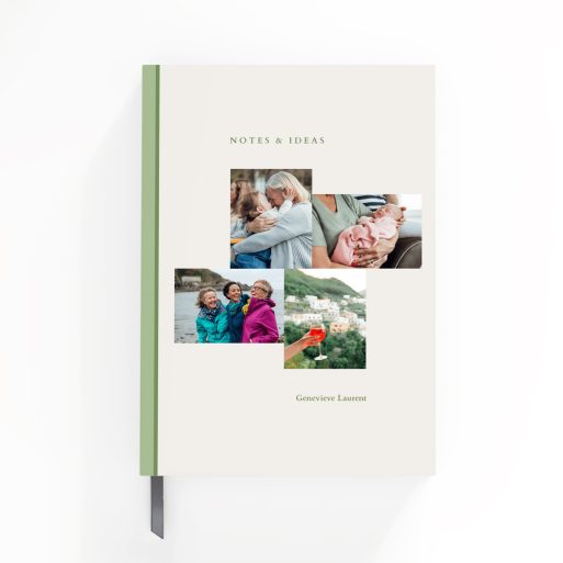 Portrait orientation personalised notebook design with green accents and four photos on the front cover by Utterly Printable.