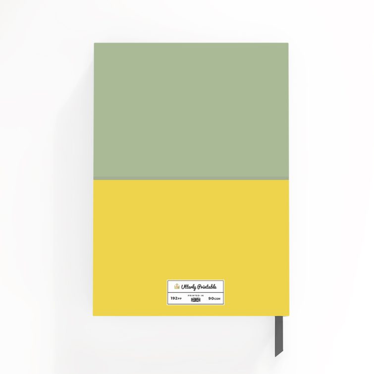 Portrait notebook cover design featuring three black and white photos with a green and yellow colour scheme.