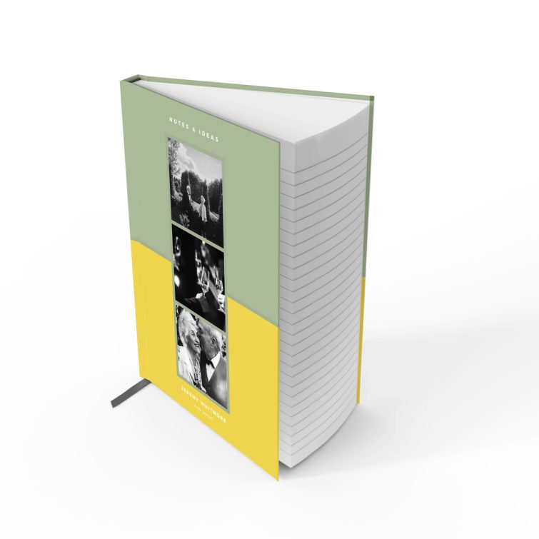 Portrait notebook cover design featuring three black and white photos with a green and yellow colour scheme.