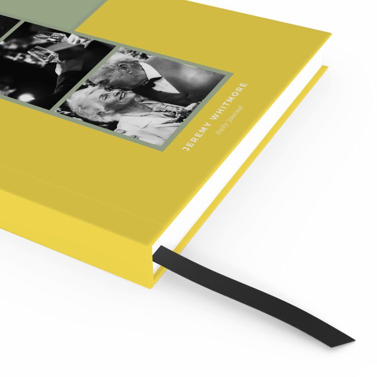 Portrait notebook cover design featuring three black and white photos with a green and yellow colour scheme.