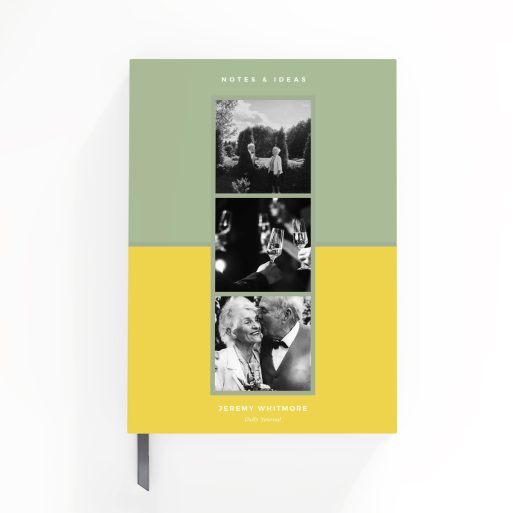 Portrait notebook cover design featuring three black and white photos with a green and yellow colour scheme.