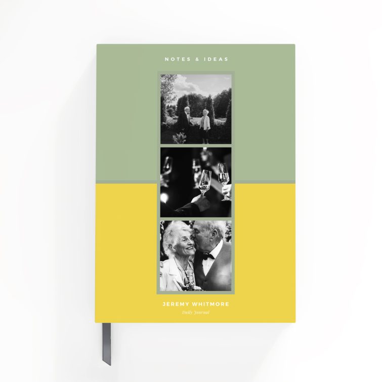 Portrait notebook cover design featuring three black and white photos with a green and yellow colour scheme.