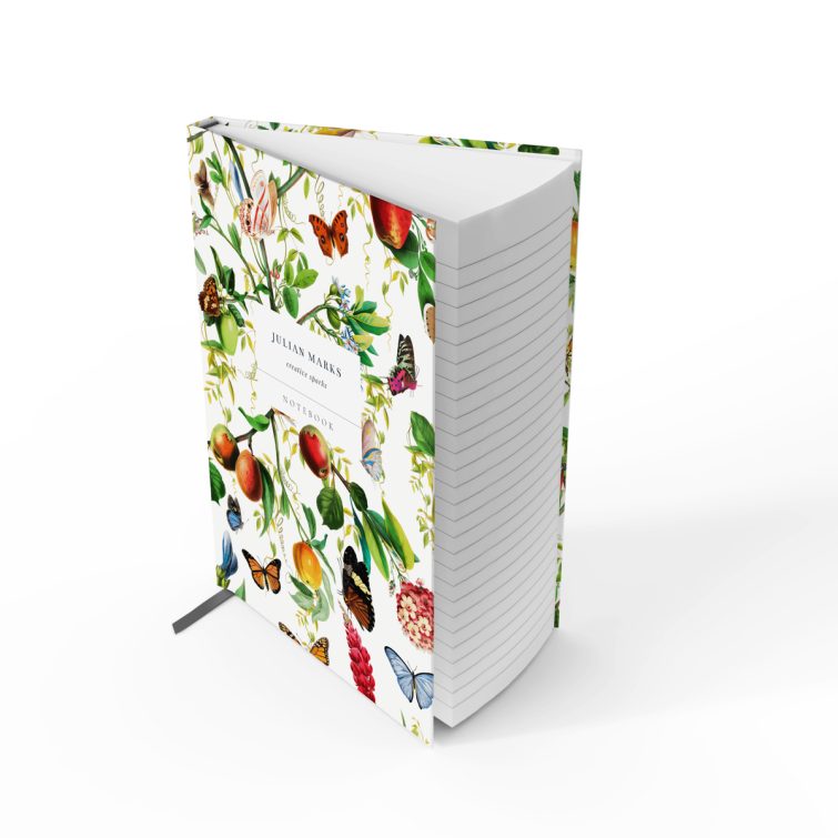 Colourful floral and butterfly design on portrait notebook cover, featuring two photos, ideal for personalised stationery.