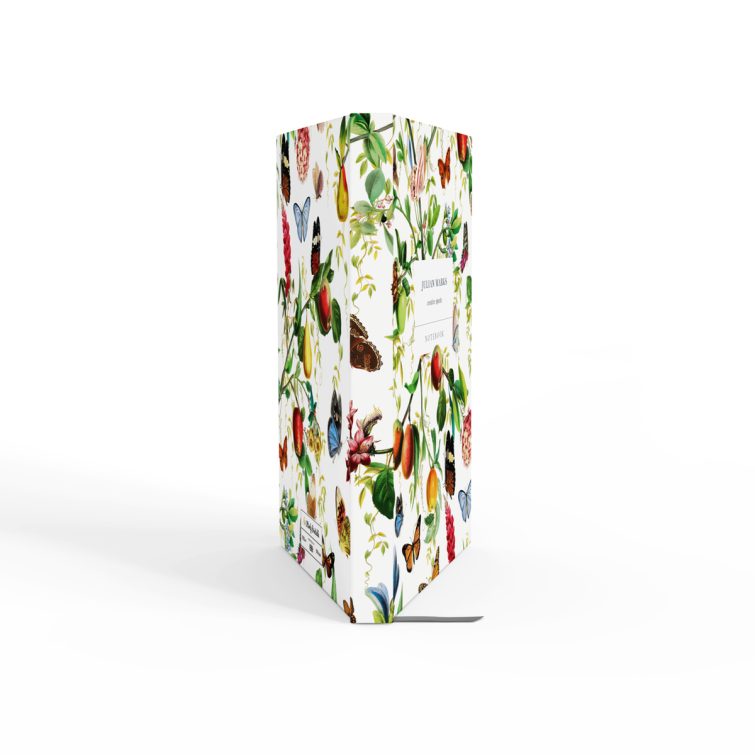 Colourful floral and butterfly design on portrait notebook cover, featuring two photos, ideal for personalised stationery.