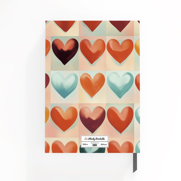 Colourful heart-patterned notebook cover design with one featured text area.