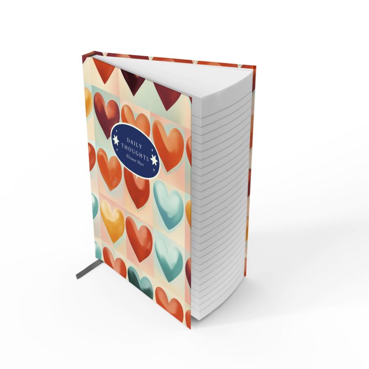 Colourful heart-patterned notebook cover design with one featured text area.