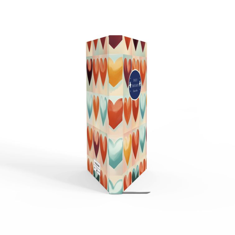 Colourful heart-patterned notebook cover design with one featured text area.