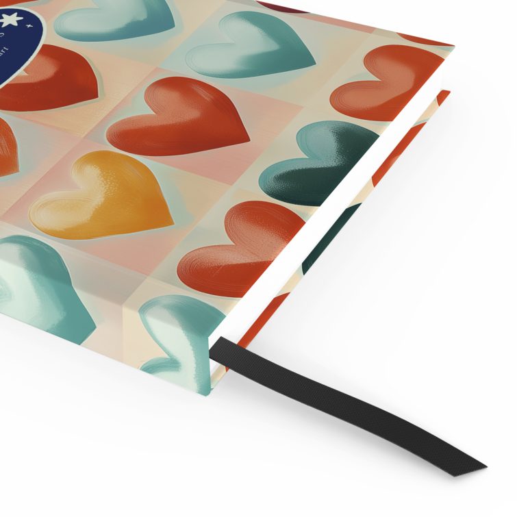 Colourful heart-patterned notebook cover design with one featured text area.