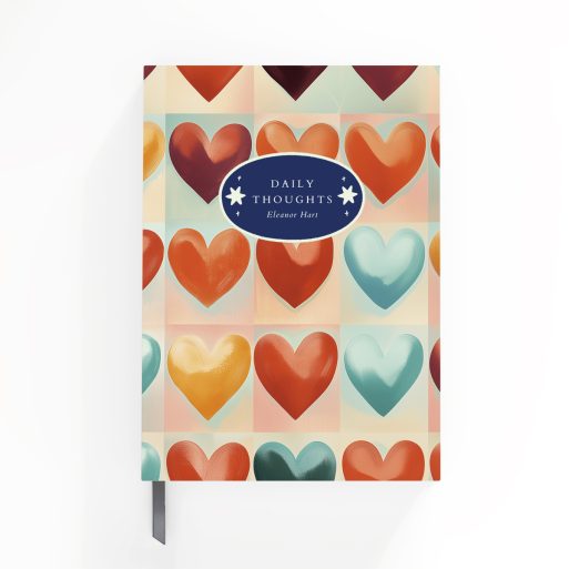 Colourful heart-patterned notebook cover design with one featured text area.