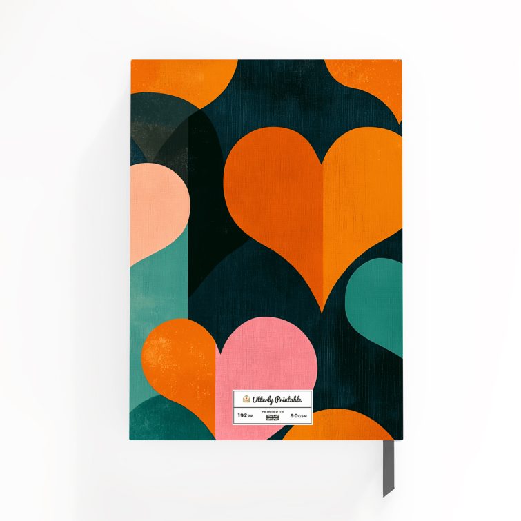 Colourful geometric heart pattern design for notebooks with one placeholder photo on the cover.