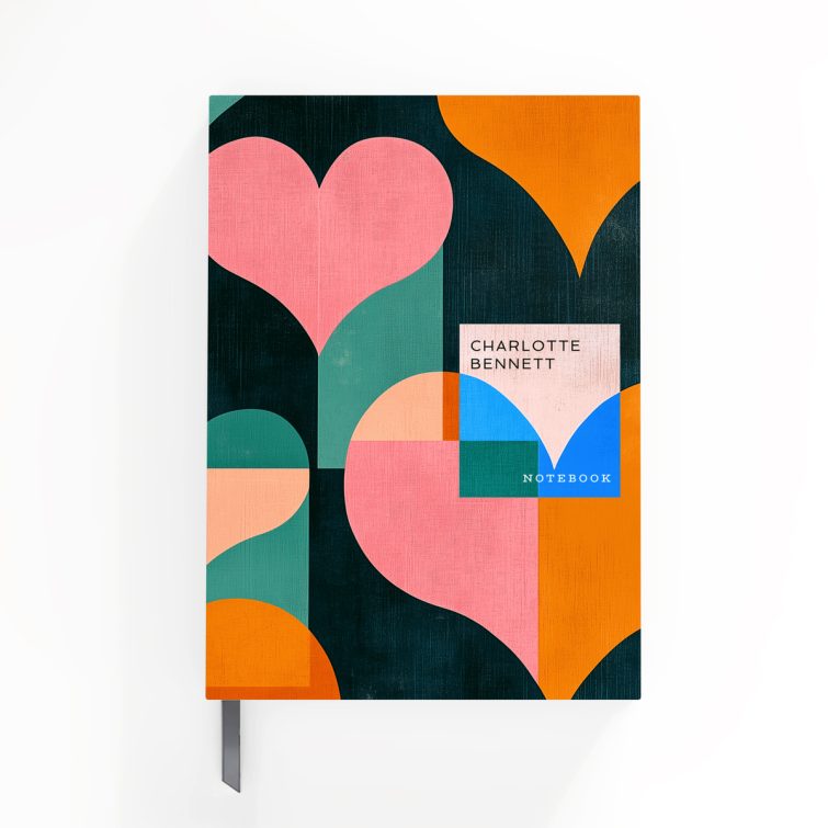 Colourful geometric heart pattern design for notebooks with one placeholder photo on the cover.