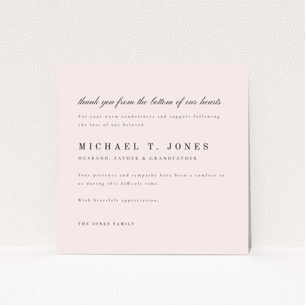 Funeral thank you card design with heartfelt message in cursive and serif fonts