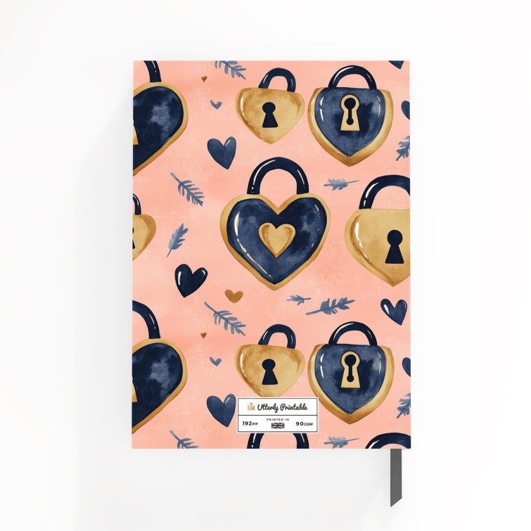 Heart lock pattern notebook design with decorative elements and one photo placeholder by Utterly Printable.