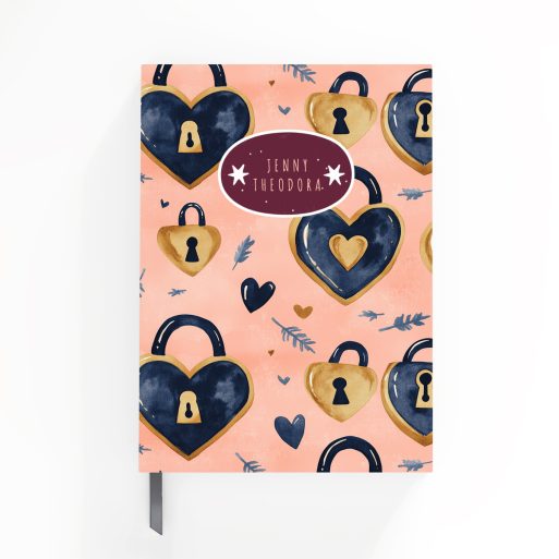 Heart lock pattern notebook design with decorative elements and one photo placeholder by Utterly Printable.