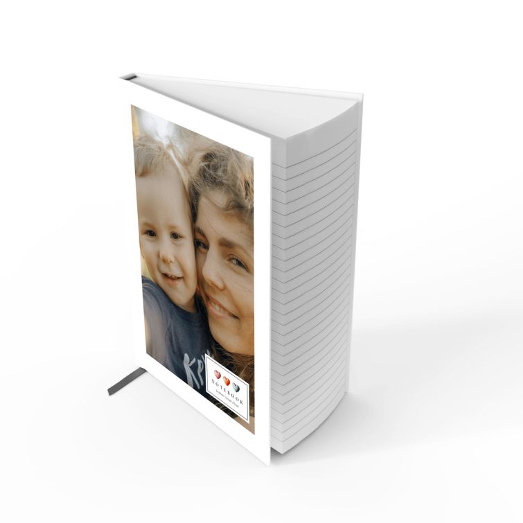 Personalised notebook design with a single photo on the front cover, featuring high-quality printing by Utterly Printable in portrait orientation.