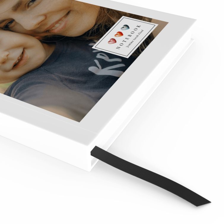 Personalised notebook design with a single photo on the front cover, featuring high-quality printing by Utterly Printable in portrait orientation.