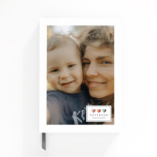 Personalised notebook design with a single photo on the front cover, featuring high-quality printing by Utterly Printable in portrait orientation.