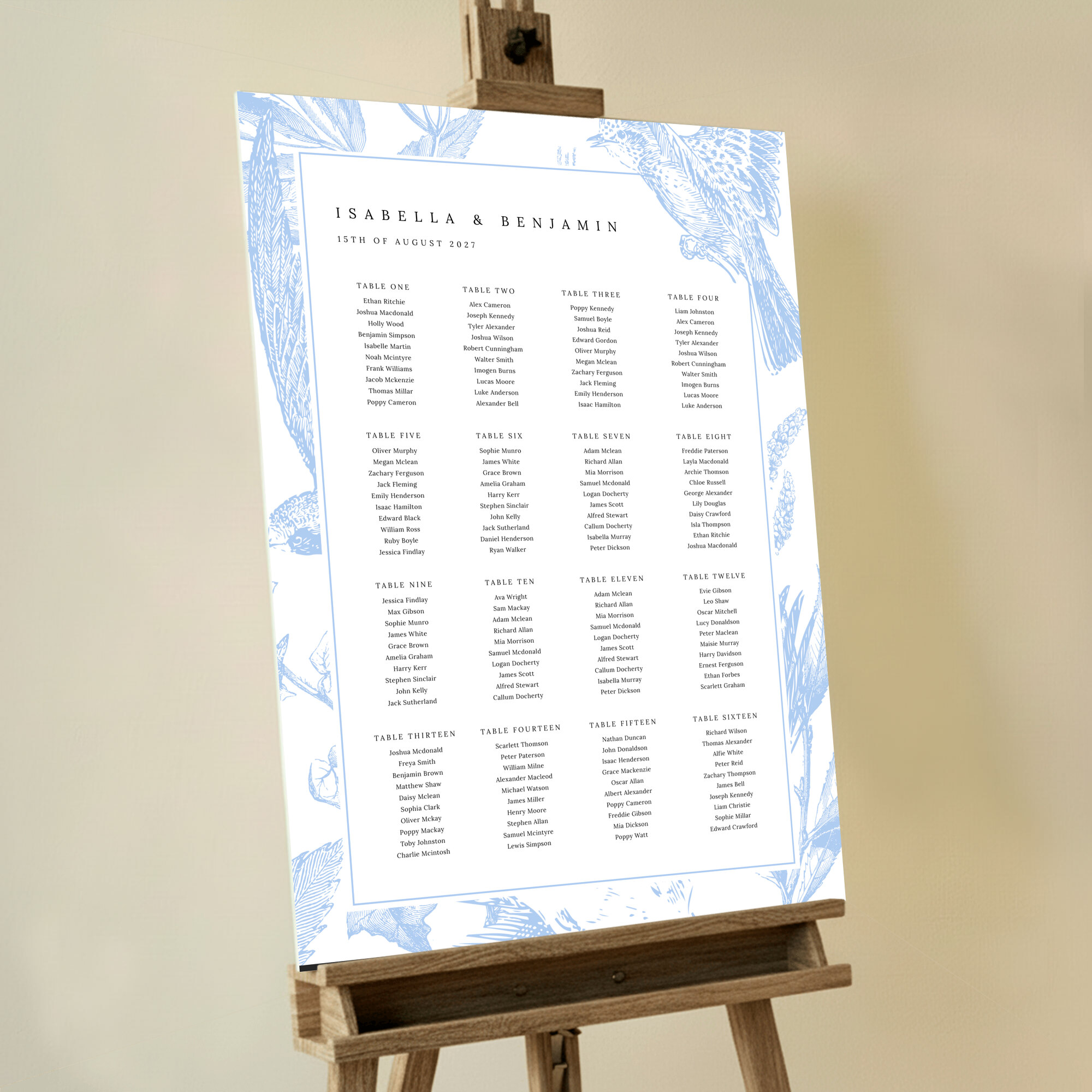 Seating Plans Board with Heavenly Birds design featuring light blue engravings of birds on a white background, adding a touch of ethereal elegance to your wedding day, perfect for creating a dreamy atmosphere.. This template has 16 tables.