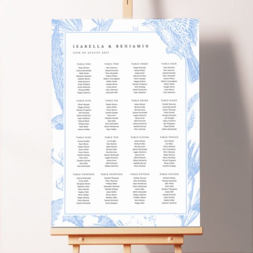 Seating Plans Board with Heavenly Birds design featuring light blue engravings of birds on a white background, adding a touch of ethereal elegance to your wedding day, perfect for creating a dreamy atmosphere.. This template has 16 tables.