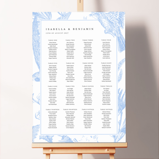 Seating Plans Board with Heavenly Birds design featuring light blue engravings of birds on a white background, adding a touch of ethereal elegance to your wedding day, perfect for creating a dreamy atmosphere.. This template has 16 tables.