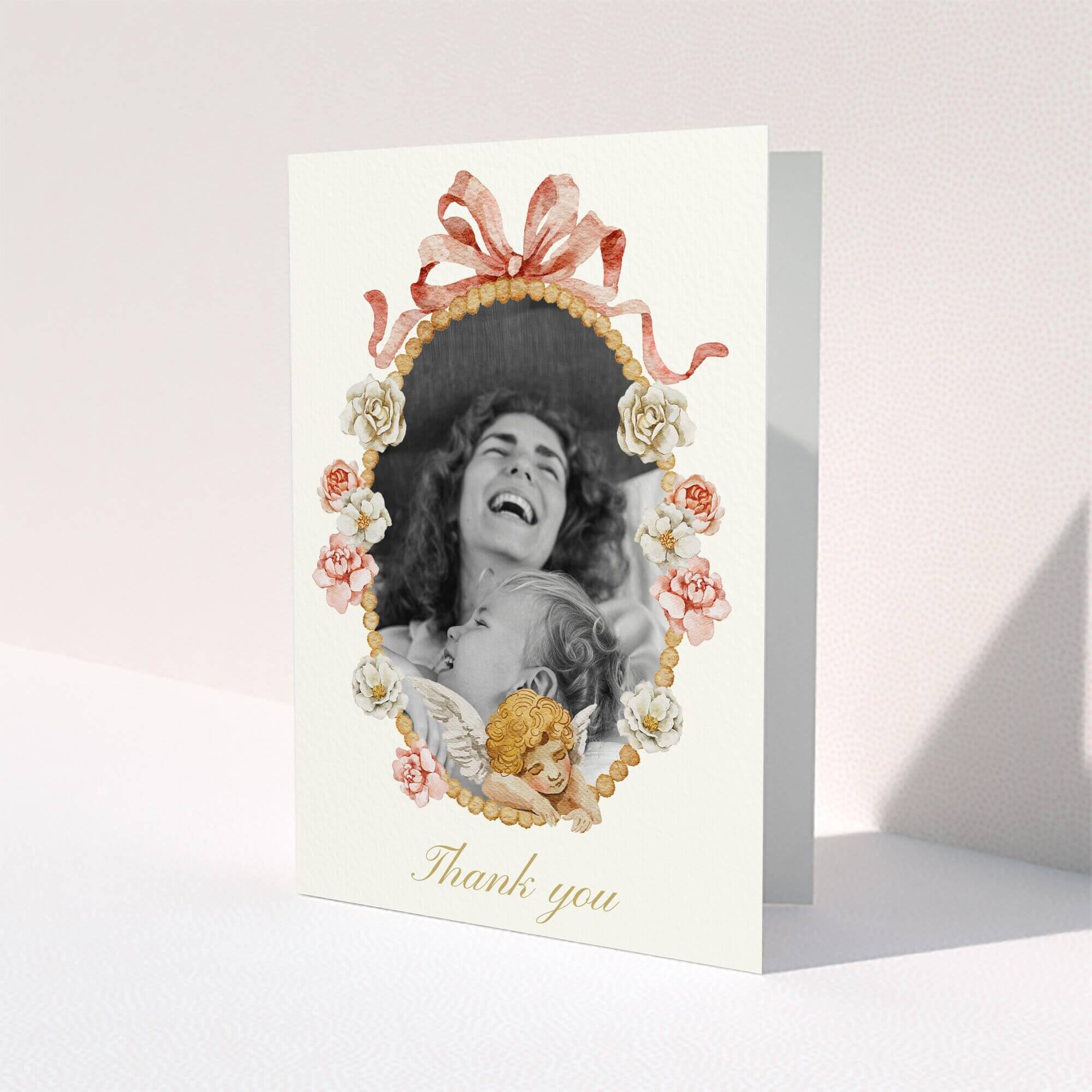 Floral funeral thank you card design with one photo and decorative angel illustration.