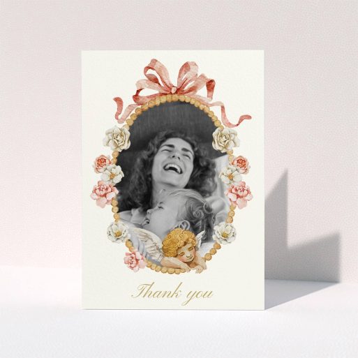 Elegant Funeral Card Floral funeral thank you card design with one photo and decorative angel illustration.