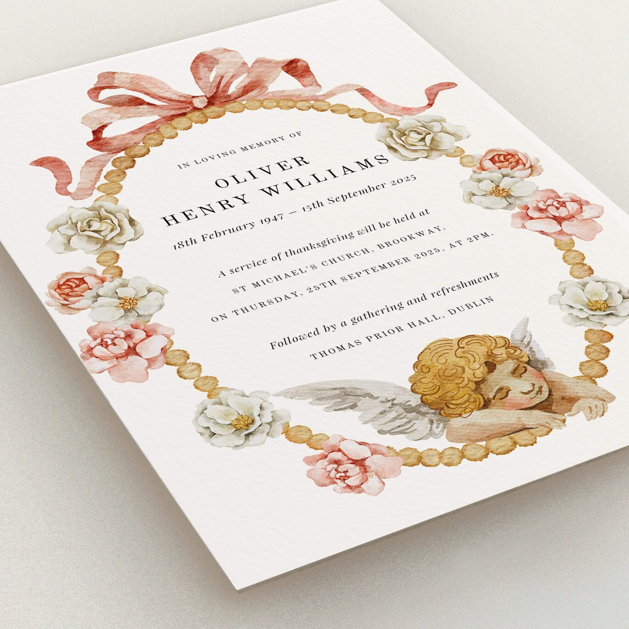 Funeral announcement design with floral wreath and angel illustration, featuring no photos