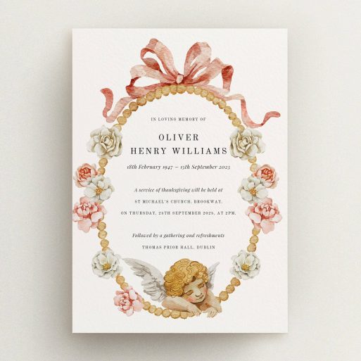 Elegant Funeral Announcement Funeral announcement design with floral wreath and angel illustration, featuring no photos