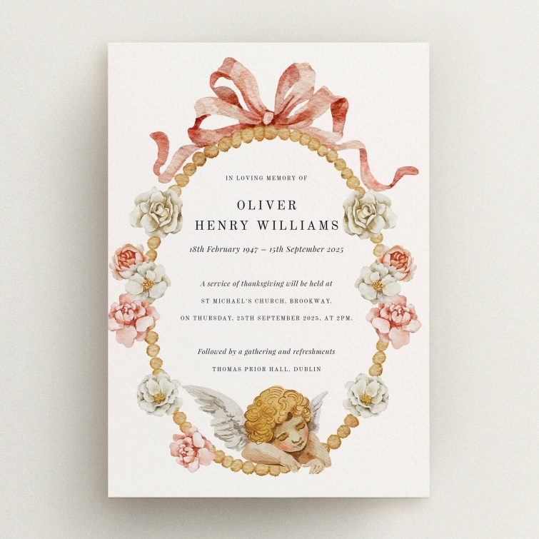 Funeral announcement design with floral wreath and angel illustration, featuring no photos