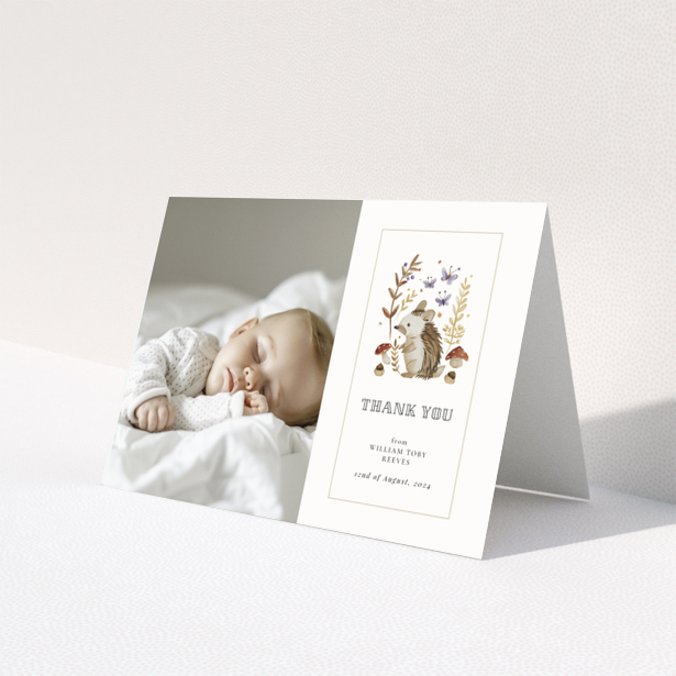 Baby thank you card with one photo and woodland animal illustration