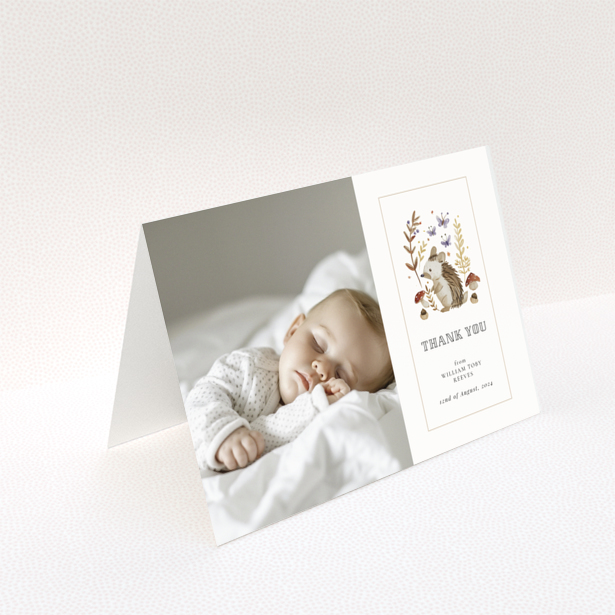 Baby thank you card with one photo and woodland animal illustration