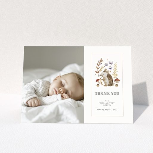 Baby thank you card with one photo and woodland animal illustration