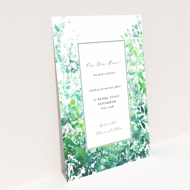 Green leafy floral design on the reverse side of a Portrait change of address card