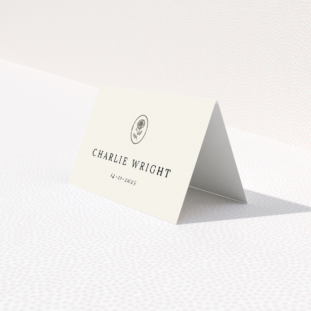 Heritage Crest place cards featuring minimalist design with a warm beige border and heraldic crest-like icon. This is a third view of the front