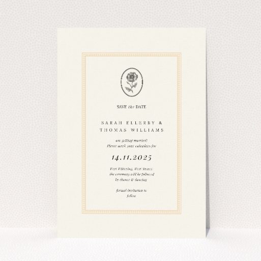 A6 Heritage Crest Save the Date card design featuring a timeless botanical crest on a soft neutral background, merging heritage-inspired motifs with modern minimalism for an essence of sophistication and timeless appeal, ideal for announcing wedding dates with style and grace This is a view of the front