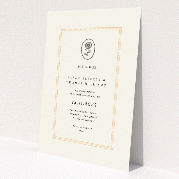 A6 Heritage Crest Save the Date card design featuring a timeless botanical crest on a soft neutral background, merging heritage-inspired motifs with modern minimalism for an essence of sophistication and timeless appeal, ideal for announcing wedding dates with style and grace This is a view of the front