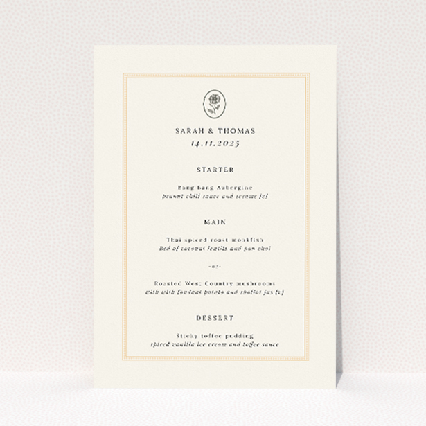 Distinguished Heritage Crest Wedding Menu Template with Aristocratic Charm. This is a view of the front