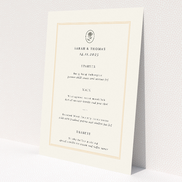 Distinguished Heritage Crest Wedding Menu Template with Aristocratic Charm. This image shows the front and back sides together