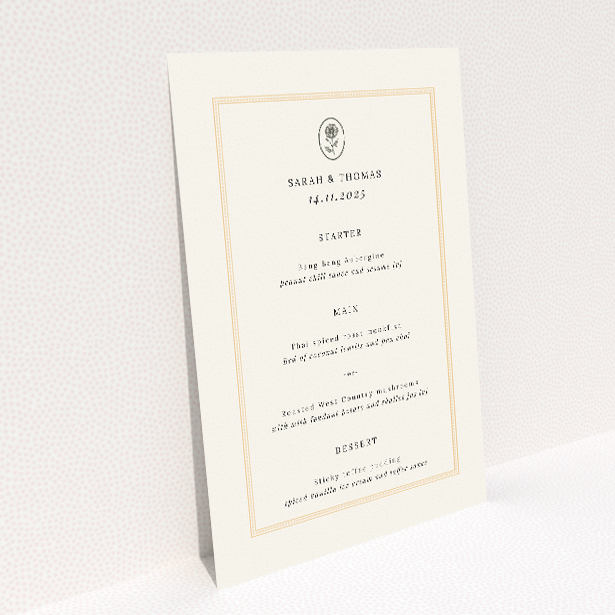 Distinguished Heritage Crest Wedding Menu Template with Aristocratic Charm. This image shows the front and back sides together