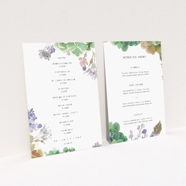 Elegantly Crafted Hibernian Harmony Wedding Menu Template with Soft Watercolour Greenery and Delicate Floral Accents. This image shows the front and back sides together